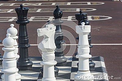 Big chess in park on chessboard. Giant pieces of white chess knight, black chess king and pawns close-up. Selective focus Stock Photo