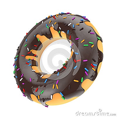 Big Chocolate Glazed Donut with Color Sprinkles. 3d Rendering Stock Photo