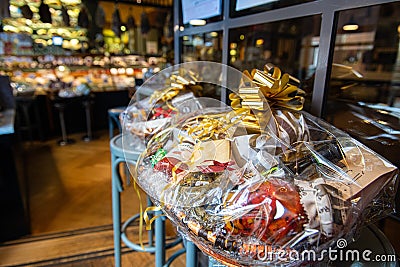 Big Christmas basket full of luxury food and drink delicatessen Editorial Stock Photo