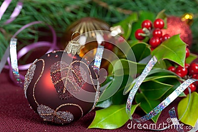 Big Christmas baubles and candles on dark Stock Photo