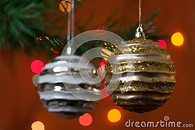 Big Christmas baubles and candles on dark Stock Photo