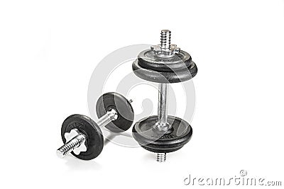 Big chrome metal dumbell with disks on the white. Stock Photo