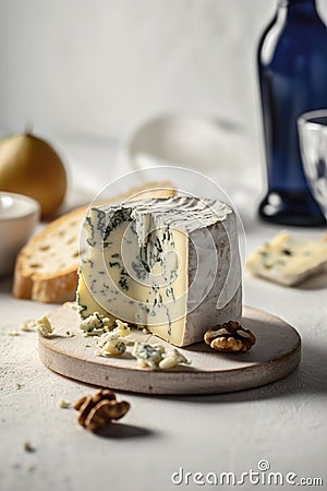 Big chunk of delicious Gorgonzola cheese on a table with walnuts bread. Traditional Italian cuisine specialty Stock Photo