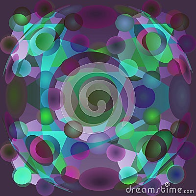 CIRCLES MANDALA, RADIAL MANDALA WITH BLUE, PURPLE, TURQUOISE AND GREEN CIRCLES, PLANE PURPLE BACKGRAOUND. TURQUOISE TRIANGLES Stock Photo