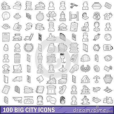 100 big city icons set, outline style Vector Illustration