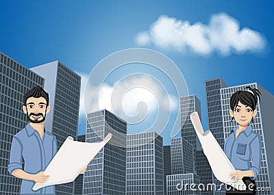 Big city landscape with cartoon young architects holding blueprint. Vector Illustration