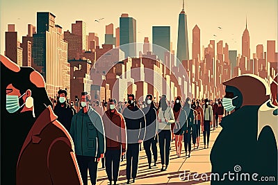 Big city with many people wearing face mask beacause of return of covid coronavirus pandemic illustration generative ai Cartoon Illustration