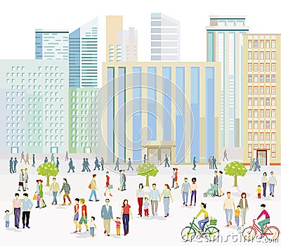 Big city with People on the sidewalk illustration Vector Illustration