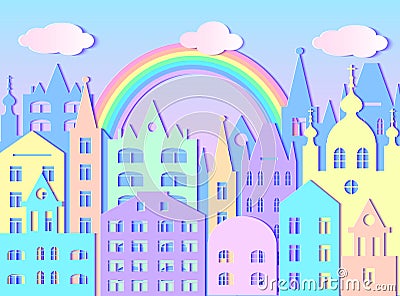 Big city, rainbow and clouds. Vector Illustration