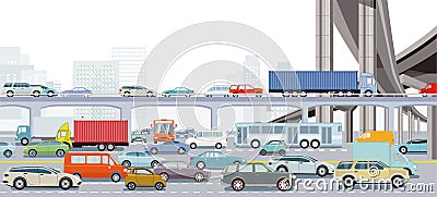 Big city in rush hour with an intersection in traffic jam and public transport illustration Vector Illustration