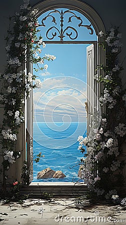 big classic window surrounded by beautiful flowers, offering an amazing view of the scenic landscape. Stock Photo