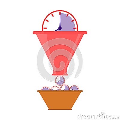 Big clock fall into a funnel and many small clocks is obtained. Time saving concept. Vector illustration. Vector Illustration