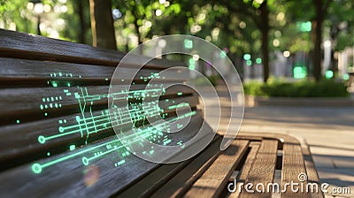 A medium closeup image of a park bench equipped with smart sensors tracking usage and environmental parameters. Vivid Stock Photo