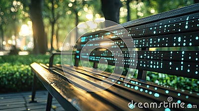 A medium closeup image of a park bench equipped with smart sensors tracking usage and environmental parameters. Vivid Stock Photo
