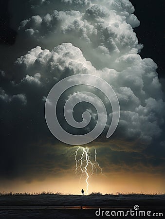 big clouds, lightning, brigh, dark, AI generated. Stock Photo