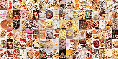 Big collage with desserts. Sweet food: muffins, cakes, pastries, pancakes, ice cream. Stock Photo