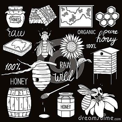 Big collection of beekeeping symbols Vector Illustration