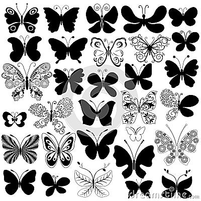 Big collection black butterflies Vector Illustration