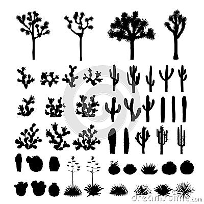 Big collection of black silhouettes of cacti, agaves, joshua tree, and prickly pear Vector Illustration