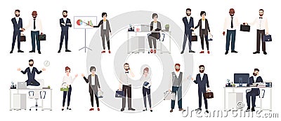 Big collection of business people or office workers dressed in smart clothing in different situations - making deal Vector Illustration