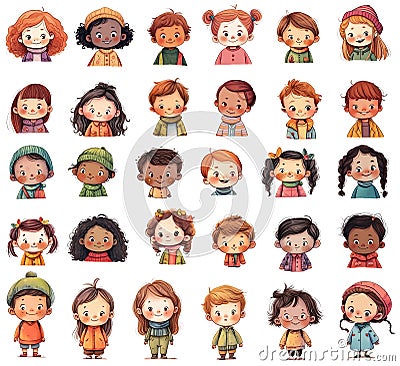 Big collection of cartoon little multiethnic kids avatars. Cute little boy and girl with different hairstyles Stock Photo