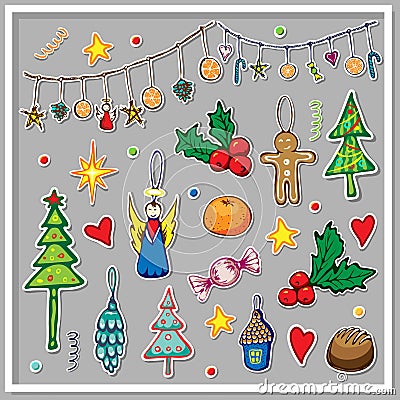 Big collection of christmas stickers. Cute illustration of winter and christmas hygge elements. xmas doodle clip art set Cartoon Illustration