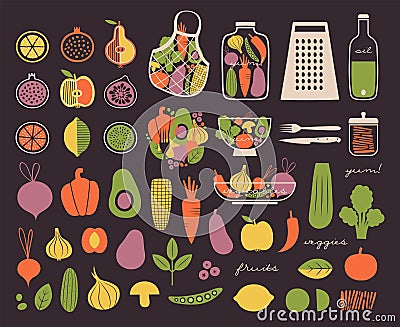 Big collection of clip arts with vegetables, fruits, berries. For vegetarian cafe or restaurant. Vector Illustration