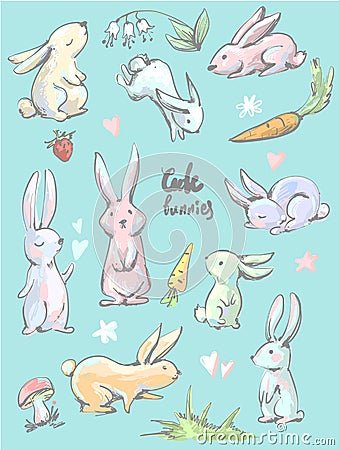 Big collection of cute cartoon style hares in different positions , bunnies with carrots, hearts, mushroom, grass Vector Illustration