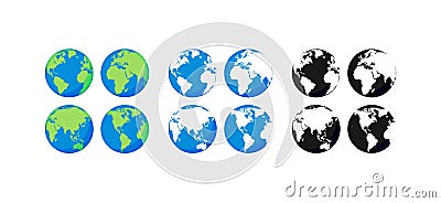 Big collection Earth globes. Black and Color Globes. Globe and Earth icon set. World map. Planet. Vector illustration Vector Illustration