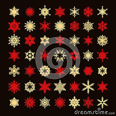 Big collection of elegant gold and red snowflakes silhouette isolated on black background.Set of elements for christmas Vector Illustration