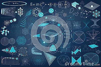 Big collection of elements, symbols and schemes of physics Vector Illustration