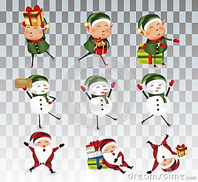 Big collection of funny Cheerful snowman, little elves and Christmas Santa clause. Christmas characters isolated on Vector Illustration