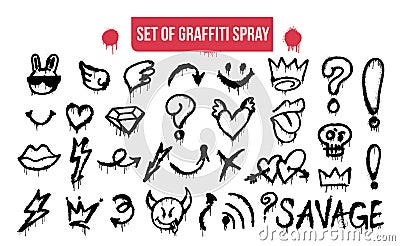 Big collection of graffiti spray pattern. Design symbols, crown, thunder, devil, skull, heart, arrow, etc. with spray texture. Vector Illustration