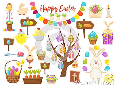 Big Collection of Happy Easter Objects. Flat Design Vector Illustration. Set of Spring Religious Christian Colorful Vector Illustration