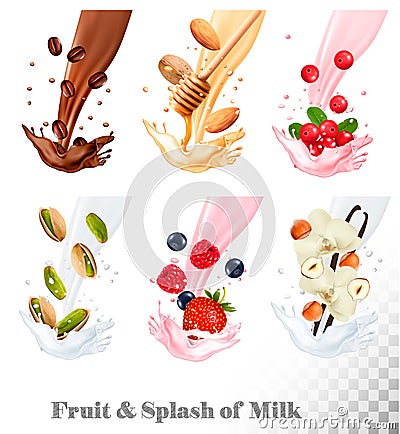 Big collection icons of fruit in a milk splash. Vector Illustration