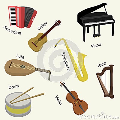 Big collection of music instruments Vector Illustration