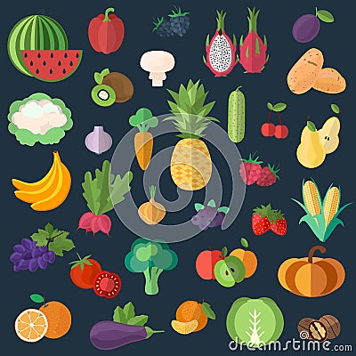 Big collection of premium quality fruits and vegetables in a flat style Vector Illustration