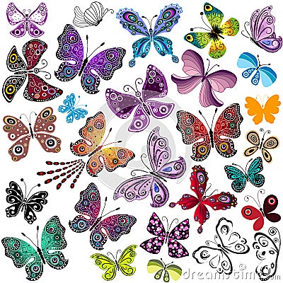 Big collection silhouette colorful butterflies Vector Illustration