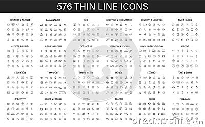 Big collection of 576 thin line icon. Web icons. Business, finance, seo, shopping, logistics, medical, health, people, teamwork, Vector Illustration