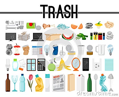 Big collection of trash and garbage Vector Illustration