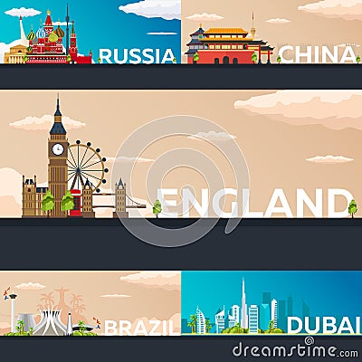 Big Collection of Travel banners to country. Vecor Flat illustration. Cartoon Illustration