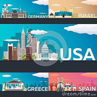 Big Collection of Travel banners to country. Vecor Flat illustration. Cartoon Illustration