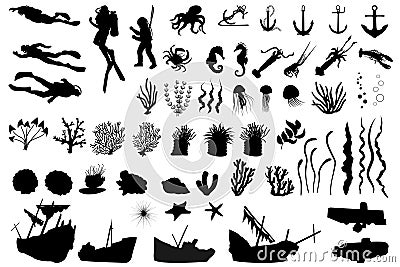 Big collection of underwater objects, black silhouettes. Vector Illustration