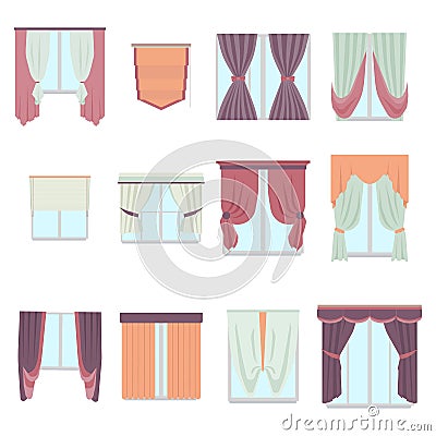 Big collection of various window decoration curtains in flat style. Home interior curtain isolated on white. Vector Vector Illustration