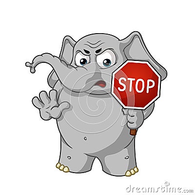 Big collection vector cartoon characters of elephants on an isolated background. Stop sign holds in hands Warning Displeased Vector Illustration