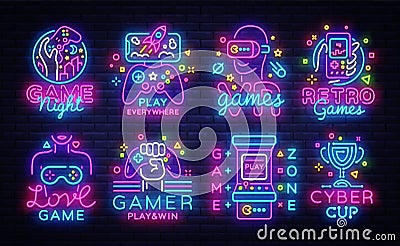 Big Collection Video Games Logos Vector Conceptual Neon Signs. Video Games Emblems Design Template, modern trend design Vector Illustration