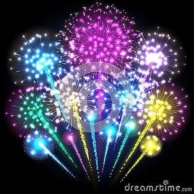Big colorful fireworks. Multicolored lights. Vector Vector Illustration