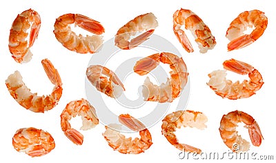 Big cooked peeled shrimps at various angles on white background Stock Photo