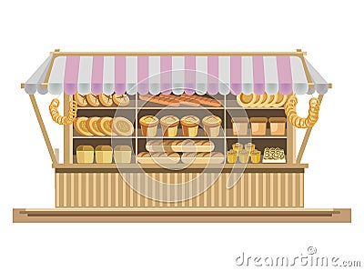 Big counter with tent full of fresh delicious bakery products Vector Illustration