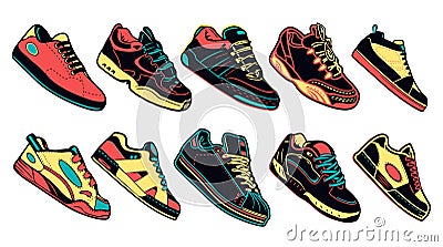 Big creative illustration collection set of sneakers running, walking, shoes, style backgrounds. Vector concept elements icons on Stock Photo